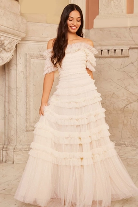 Lisette Ruffle Off Shoulder Gown Layered Look Fashion Mix