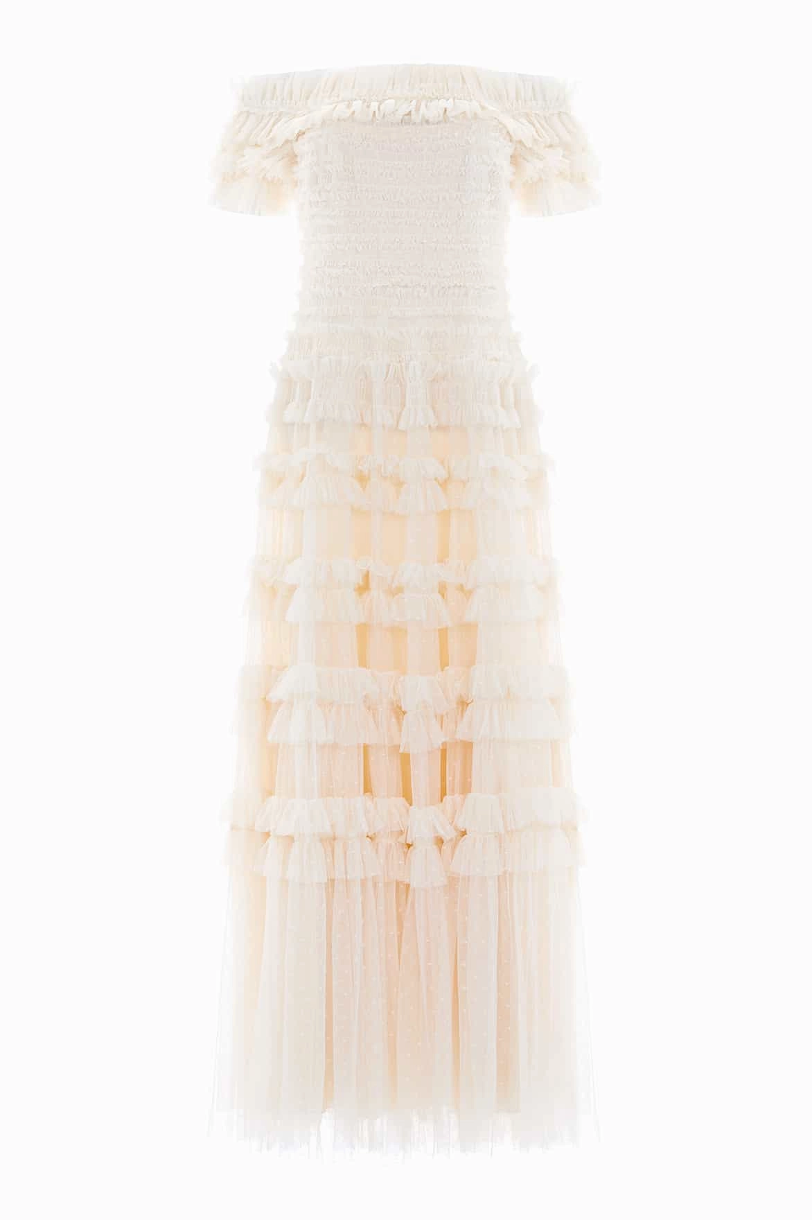 Relaxed Mood Tailored Layers Lisette Ruffle Off Shoulder Gown