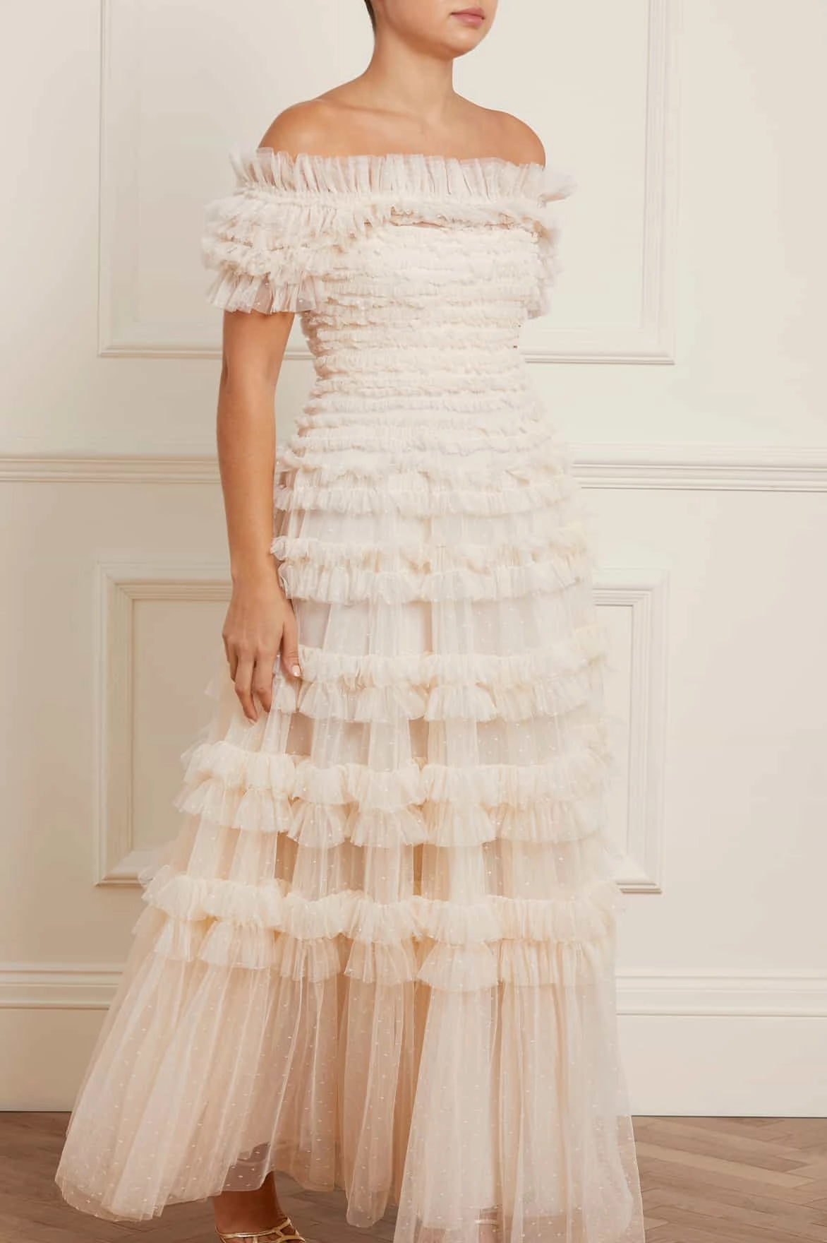 Lisette Ruffle Off Shoulder Gown Soft Movement Calm Drape