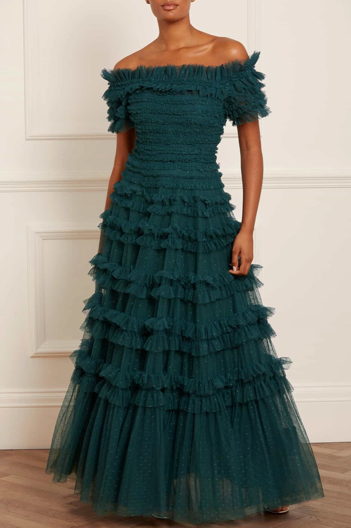 Glossy-Finish Lisette Ruffle Off Shoulder Gown