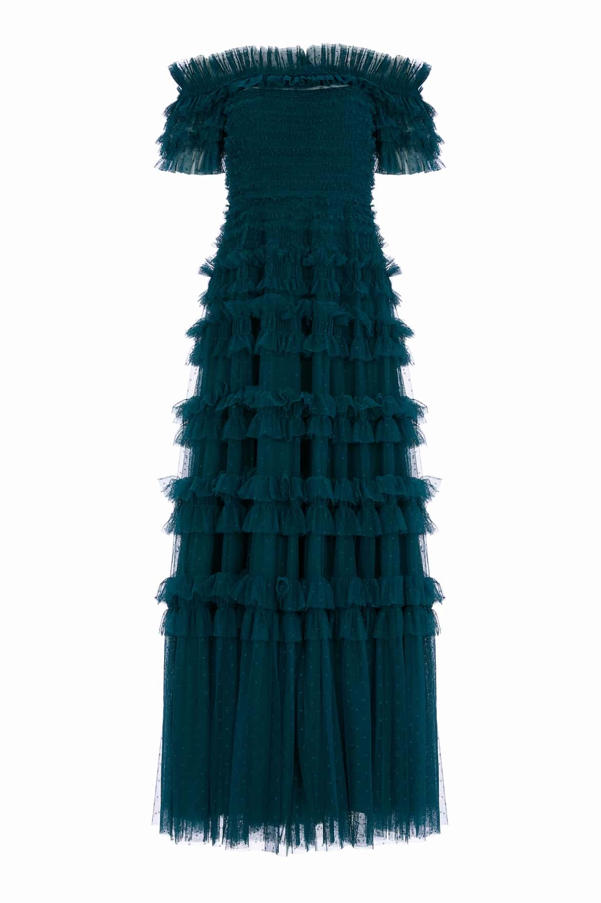 Lisette Ruffle Off Shoulder Gown Muted Tones Odor-Control