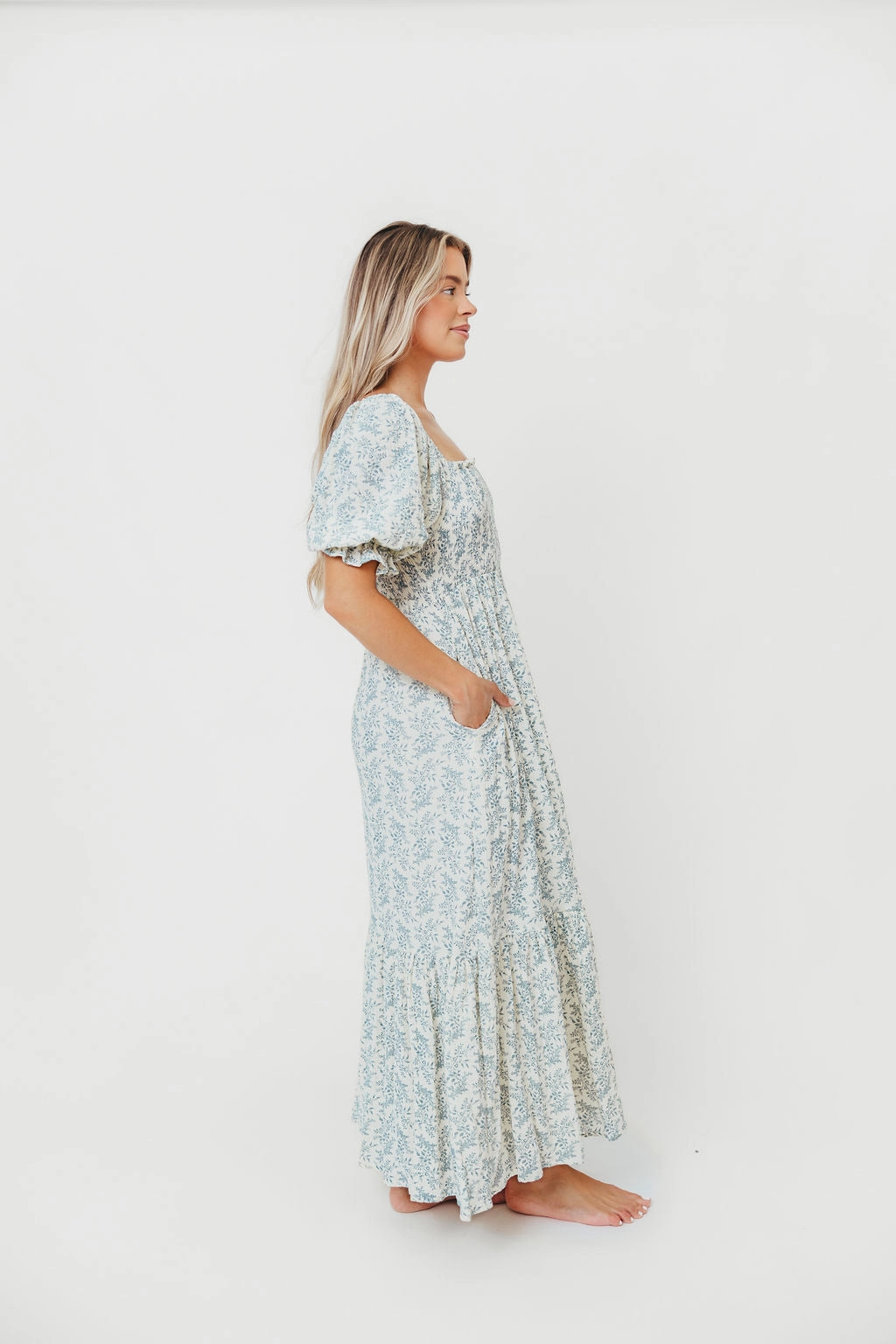 Refined Finish Livvy 100% Cotton Maxi Dress in Blue Foliage - Bump Friendly & Inclusive Sizing