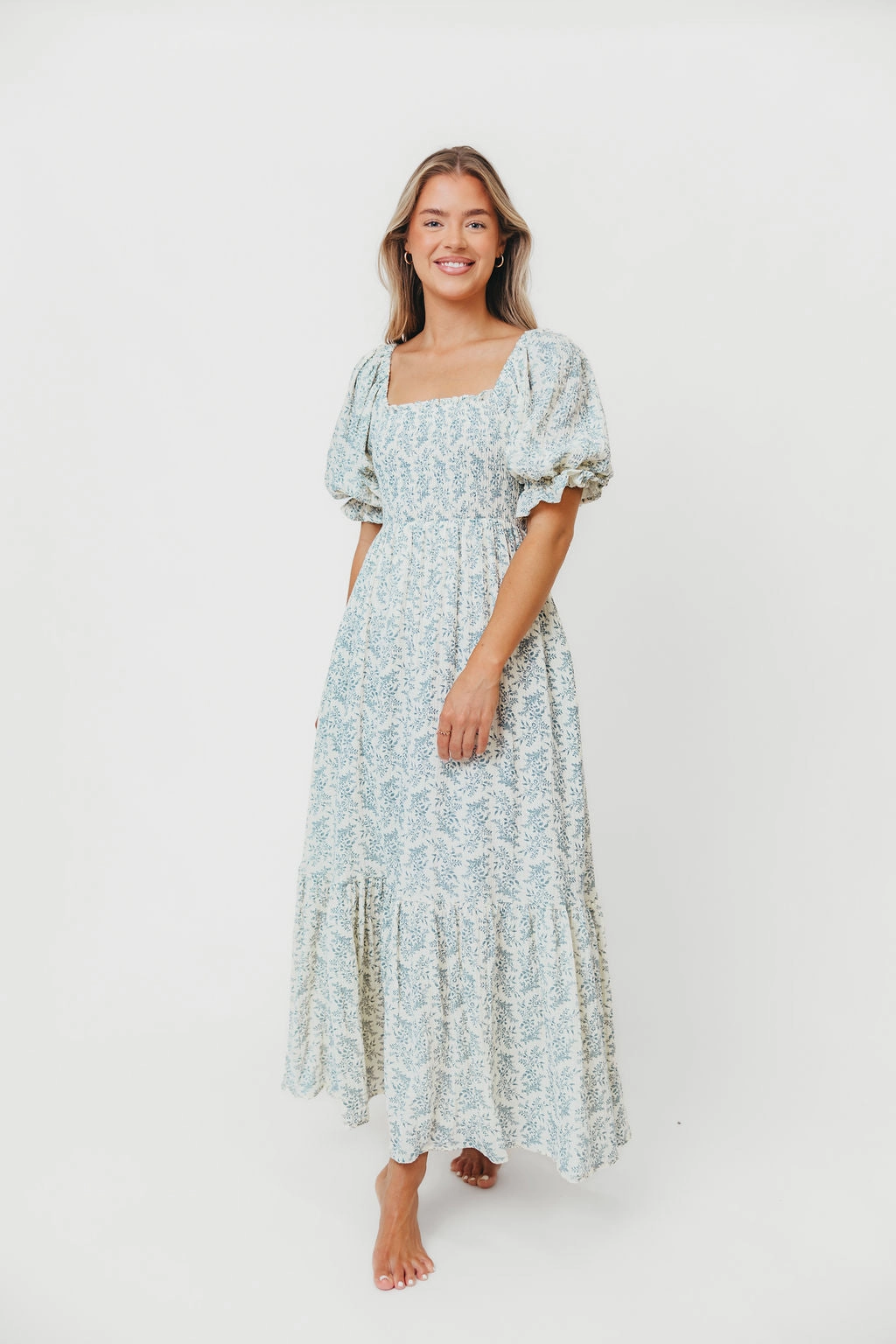 Livvy 100% Cotton Maxi Dress in Blue Foliage - Bump Friendly & Inclusive Sizing Layered-Sleeve Minimal Fit