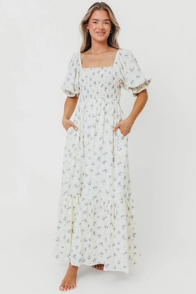 Relax Style bold appearance Livvy 100% Cotton Maxi Dress in Dusty Blue Floral - Bump Friendly & Inclusive Sizing