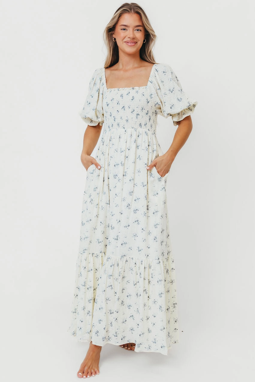 Relax Style bold appearance Livvy 100% Cotton Maxi Dress in Dusty Blue Floral - Bump Friendly & Inclusive Sizing