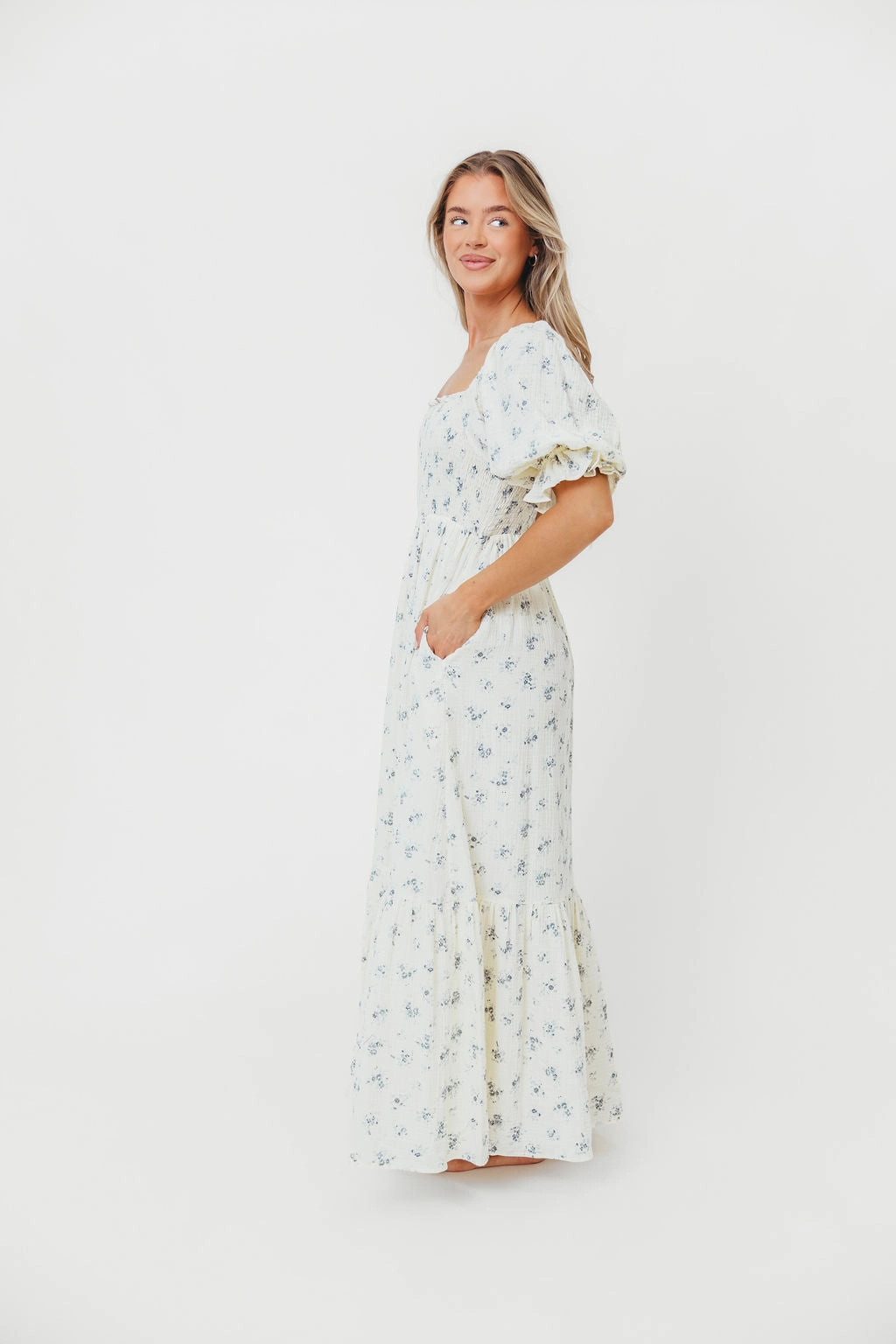Livvy 100% Cotton Maxi Dress in Dusty Blue Floral - Bump Friendly & Inclusive Sizing Belted-Style Charming Style