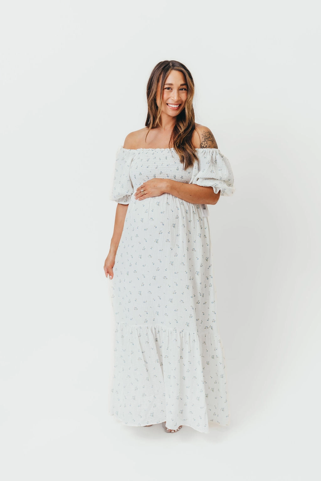 Front Ruffle Livvy 100% Cotton Maxi Dress in Off-White / Blue Floral - Bump Friendly & Inclusive Sizing