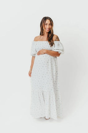 Front Ruffle Livvy 100% Cotton Maxi Dress in Off-White / Blue Floral - Bump Friendly & Inclusive Sizing