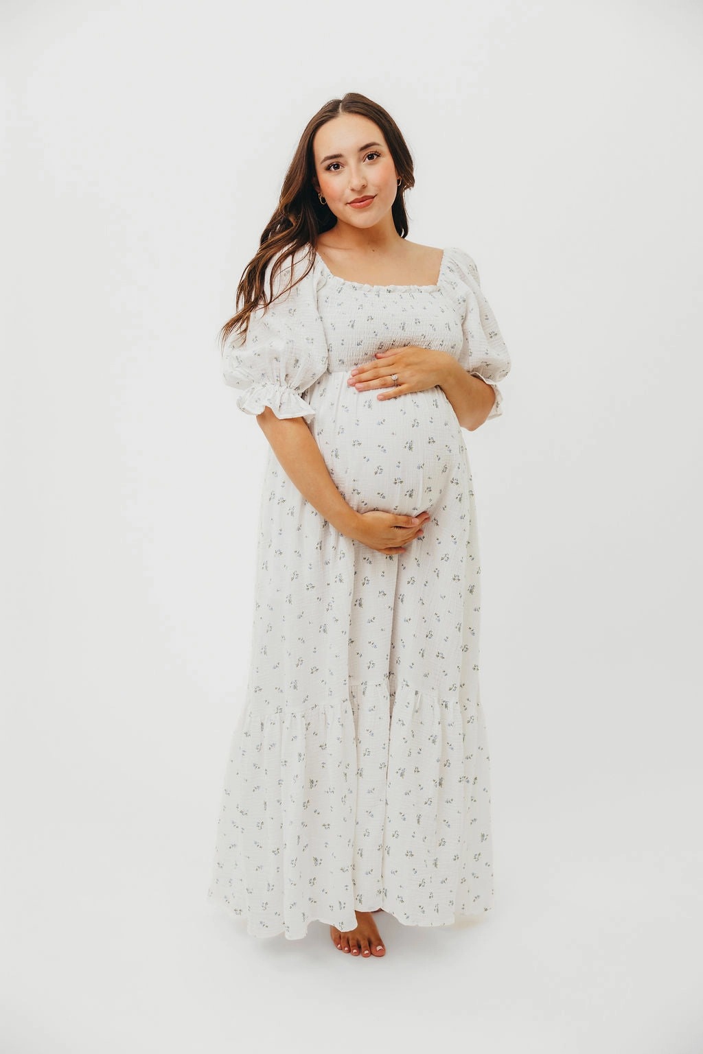 Livvy 100% Cotton Maxi Dress in Off-White / Blue Floral - Bump Friendly & Inclusive Sizing Gender Fluid