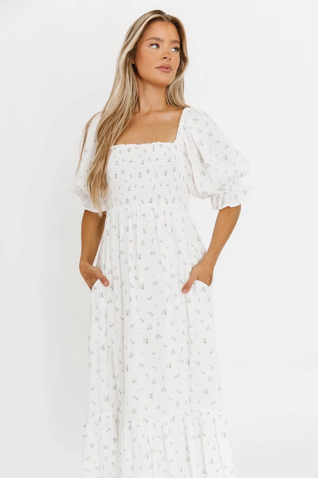 Livvy 100% Cotton Maxi Dress in Off-White / Blue Floral - Bump Friendly & Inclusive Sizing Breathable Material