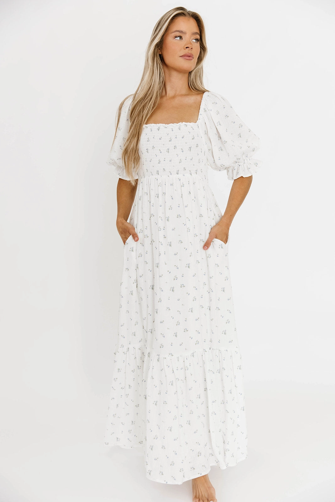 Livvy 100% Cotton Maxi Dress in Off-White / Blue Floral - Bump Friendly & Inclusive Sizing Playful design piece Flexible Layers
