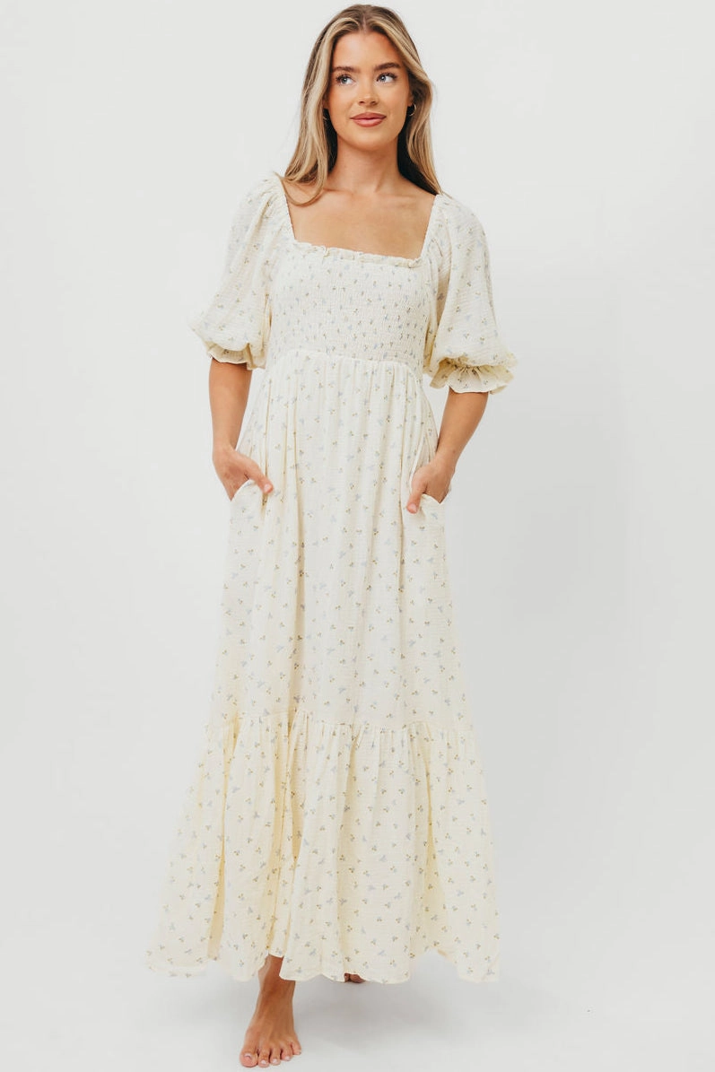 Livvy 100% Cotton Maxi Dress in Petite Blue Floral -Bump Friendly & Inclusive Sizing Refined Stitch Modern Form