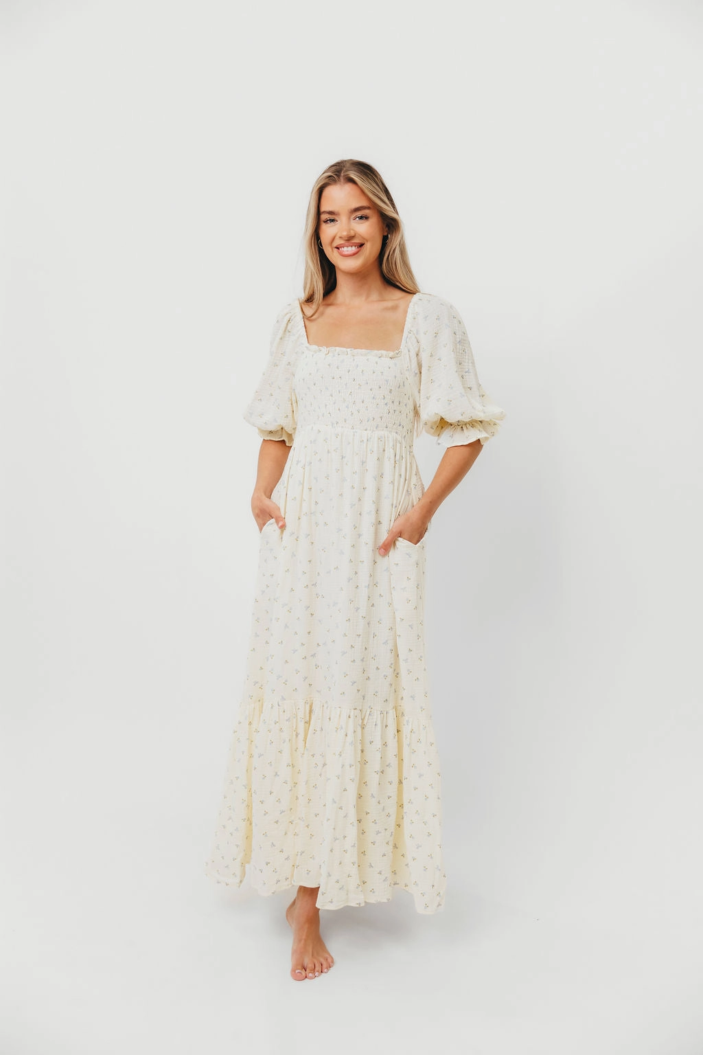 Livvy 100% Cotton Maxi Dress in Petite Blue Floral -Bump Friendly & Inclusive Sizing City Friendly Floral Swing