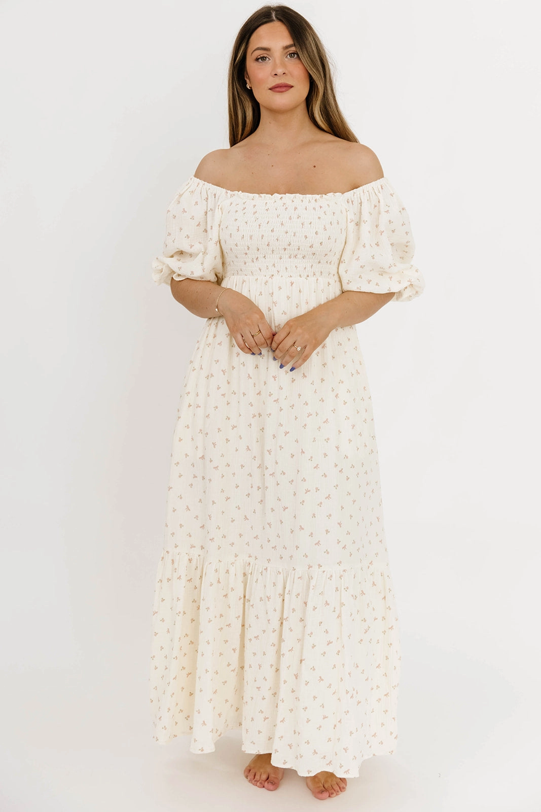 Balloon-Sleeve Livvy 100% Cotton Maxi Dress in Petite Pink Floral - Bump Friendly & Inclusive Sizing