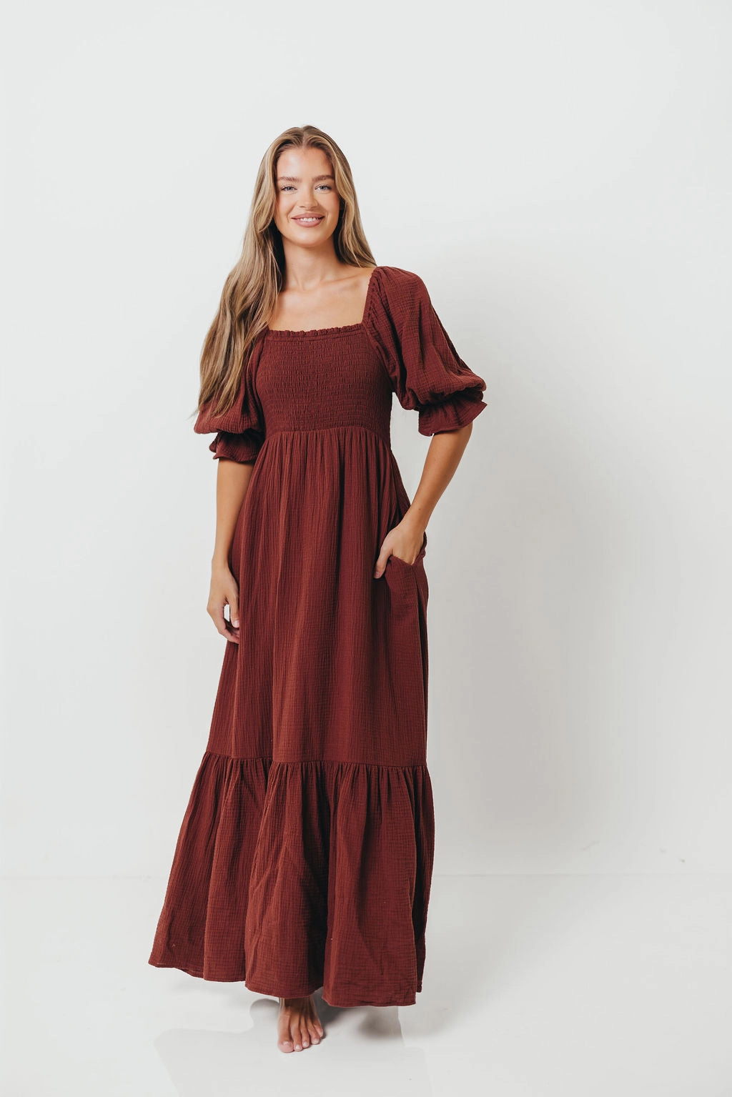 Livvy 100% Cotton Maxi Dress in Rust Brown - Bump Friendly Flare Swing