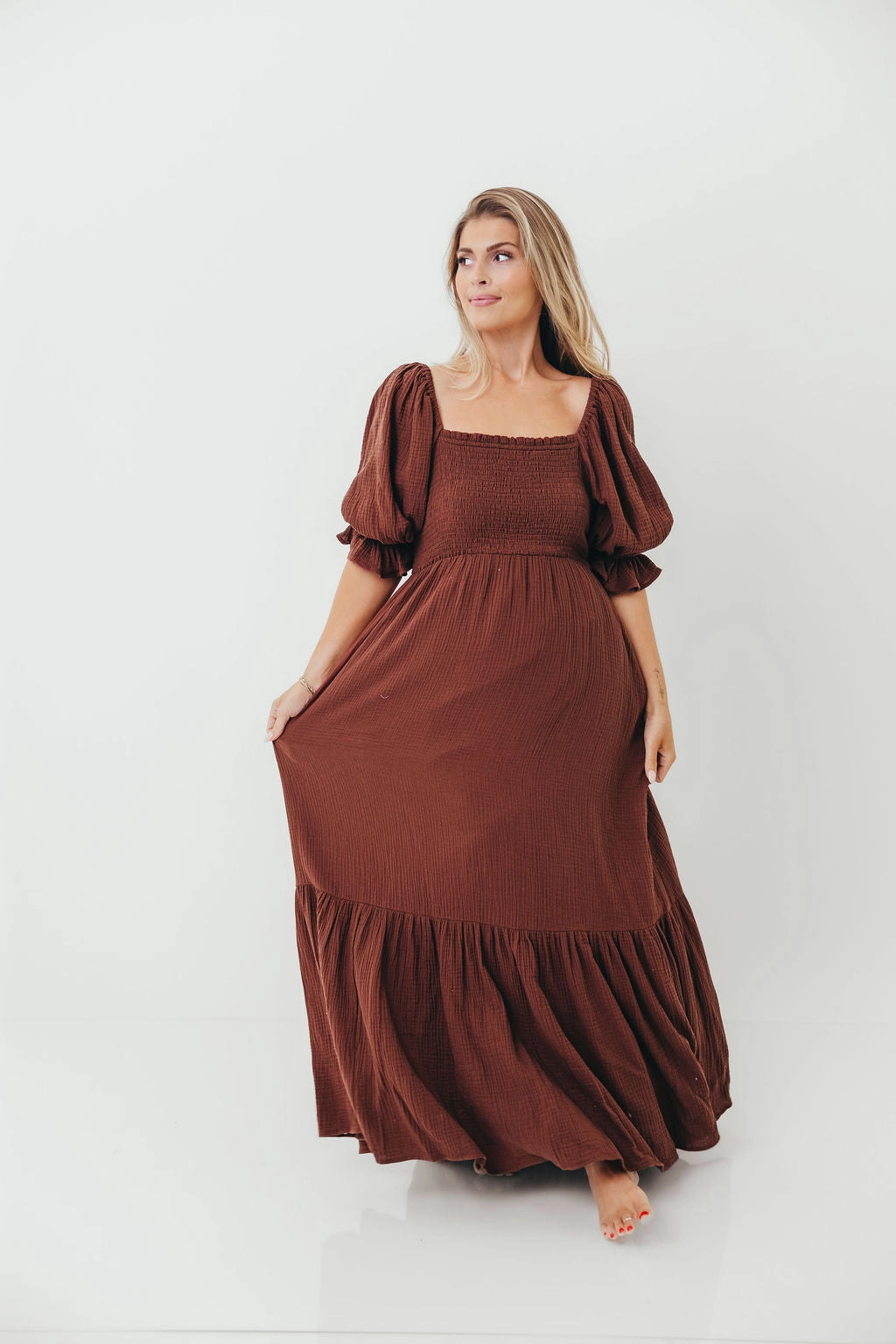 Comfortable and Fashionable Natural Wrap Livvy 100% Cotton Maxi Dress in Rust Brown - Bump Friendly