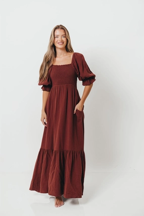 Livvy 100% Cotton Maxi Dress in Rust Brown - Bump Friendly Flare Swing