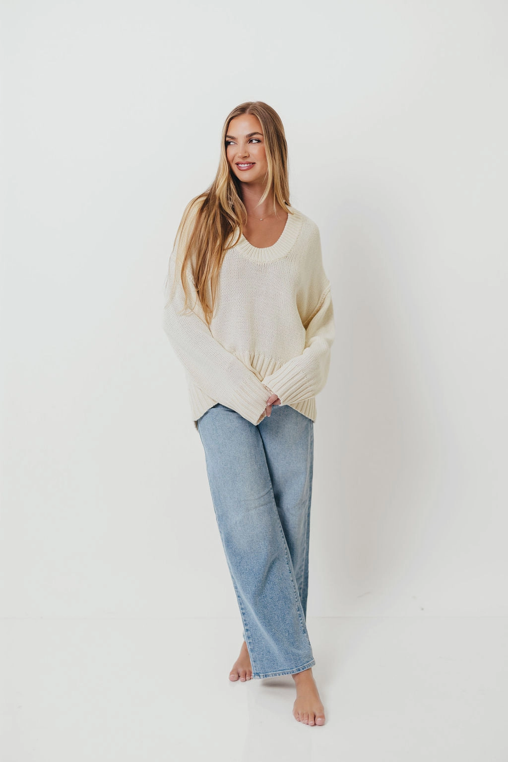 Soft Touch Texture Reinforced Shoulders Lola 100% Cotton Scoop Neck Drop Shoulder Knit Sweater in Cream (Final Few! No Restock)