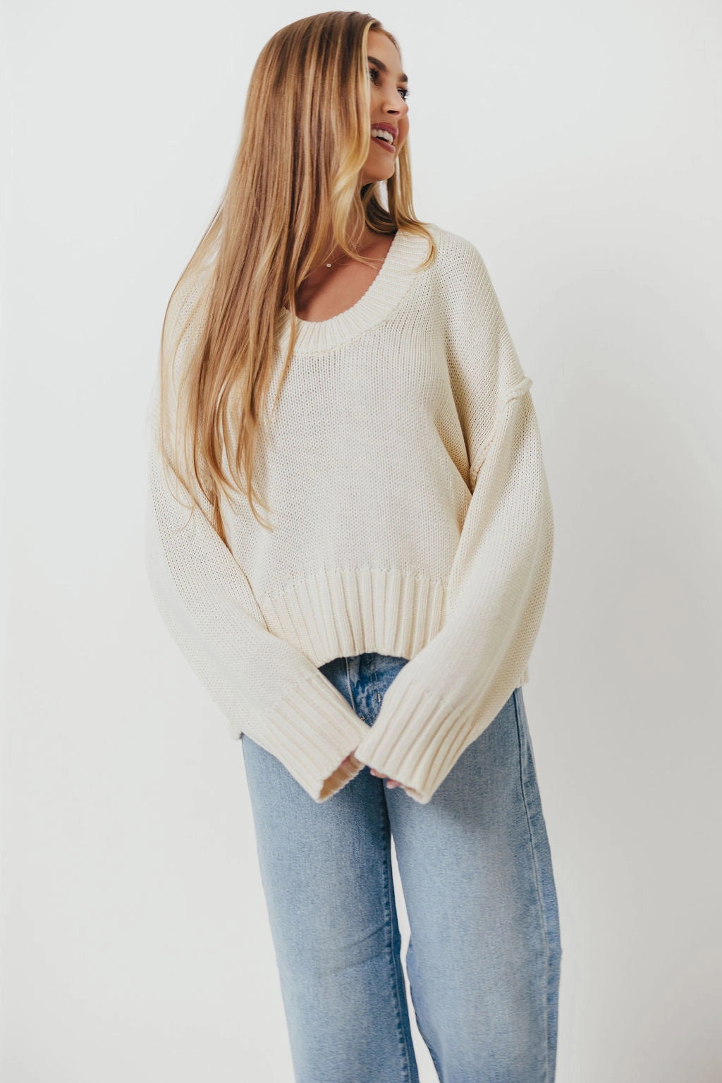 Pocket Reinforcement Lola 100% Cotton Scoop Neck Drop Shoulder Knit Sweater in Cream (Final Few! No Restock)