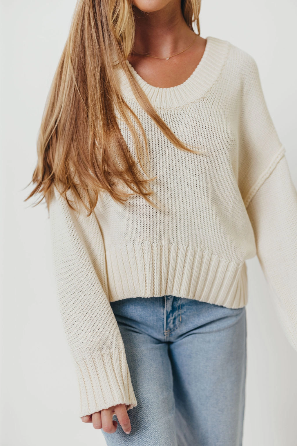 Lola 100% Cotton Scoop Neck Drop Shoulder Knit Sweater in Cream (Final Few! No Restock) DurableWeave AntiMicrobialLining