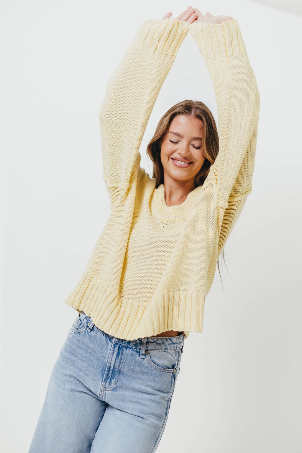 Laser Cut Edges Athletic Wear Lola 100% Cotton Scoop Neck Drop Shoulder Knit Sweater in Lemon