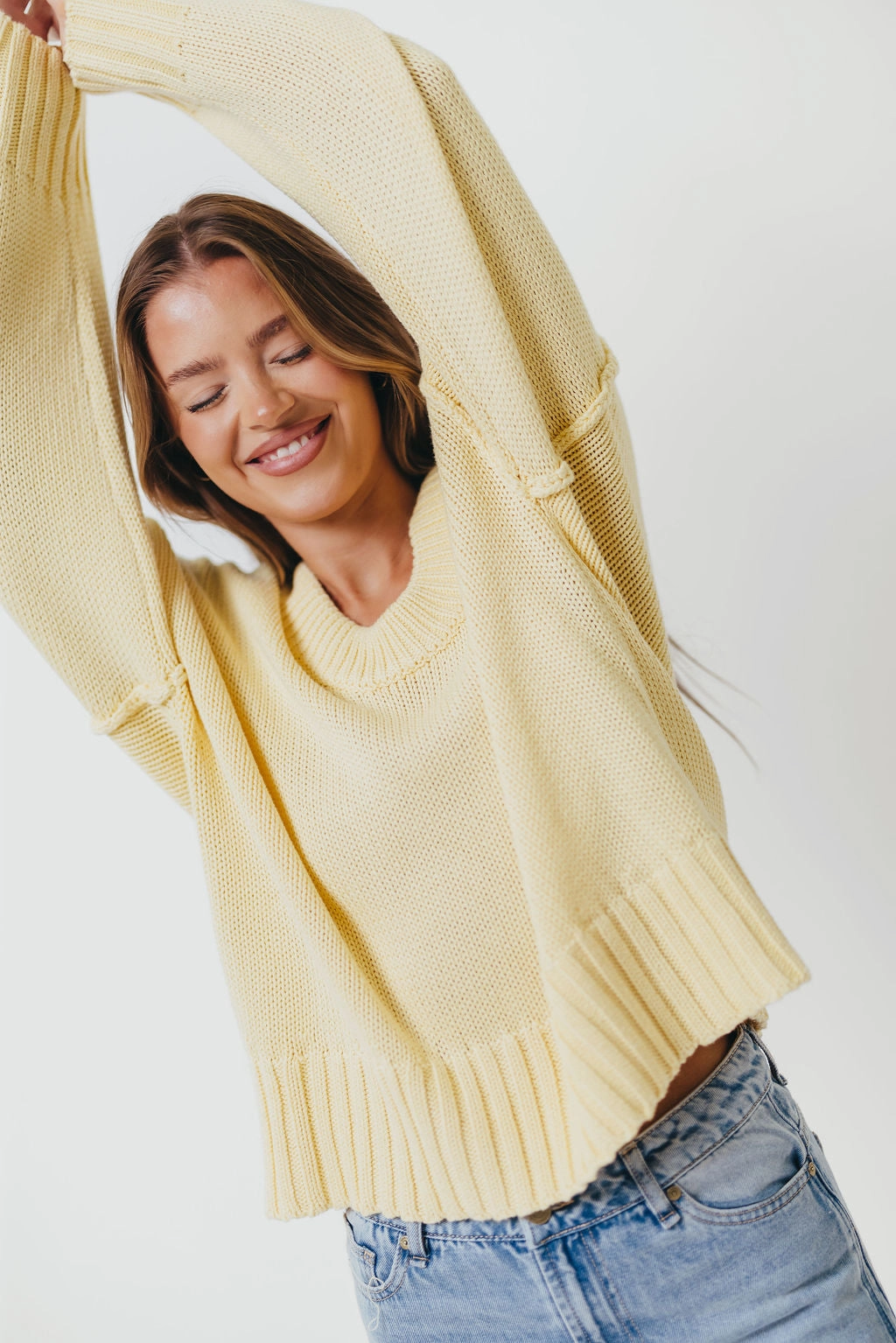 Lola 100% Cotton Scoop Neck Drop Shoulder Knit Sweater in Lemon Reinforced Shoulder Panels Flexible Hemline