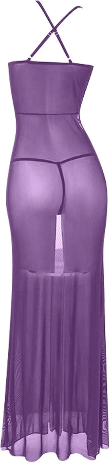 Long Nightgown Dress Ruffle Sheer Underwire Mesh Elegant Women's Floral Lace Plus Size Lingerie Set Sexy Split