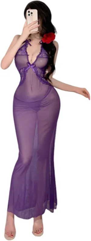 Long Nightgown Dress Ruffle Sheer Underwire Mesh Elegant Women's Floral Lace Plus Size Lingerie Set Sexy Split