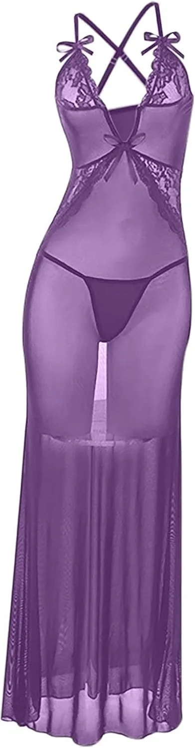 Long Nightgown Dress Ruffle Sheer Underwire Mesh Elegant Women's Floral Lace Plus Size Lingerie Set Sexy Split