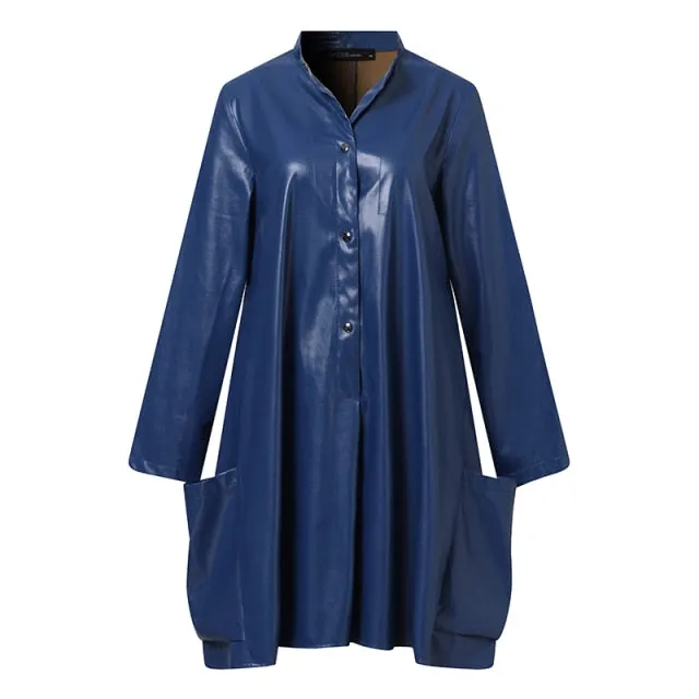 Long Sleeve O Neck Vintage PU Leather Kaftan Dress