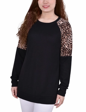 Long Raglan Sleeve Top With Animal Print Insets Tailored Silhouette Non Chafe Armholes