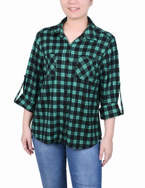 Flexible Ribbed Cuffs Long Sleeve Button Front Tunic Top
