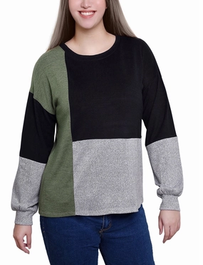 Long Sleeve Colorblocked Top Flattering Drape FlexibleRibbedTrims