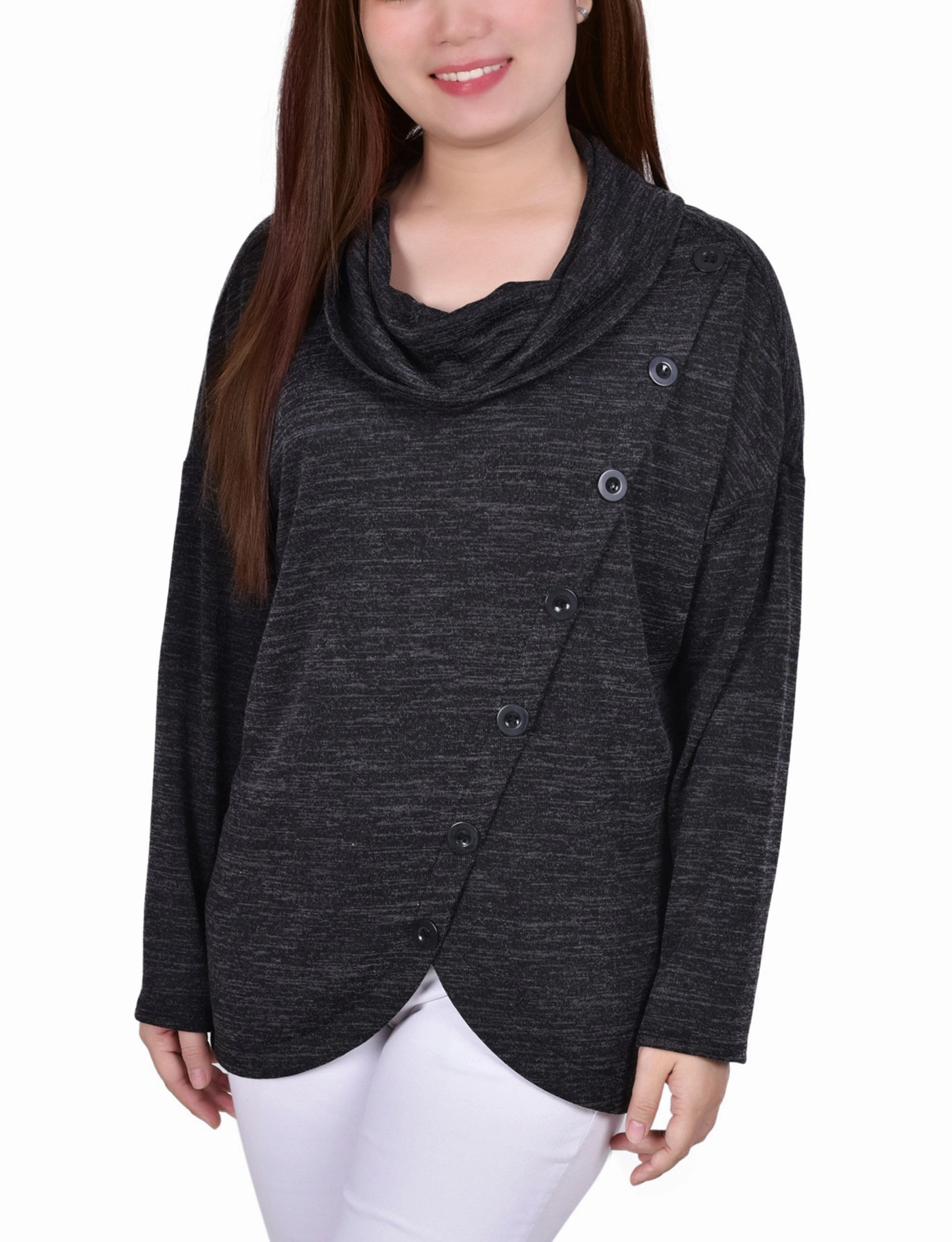 SleevelessOption ThermalRegulating Long Sleeve Cowl Neck Top With Button Detail