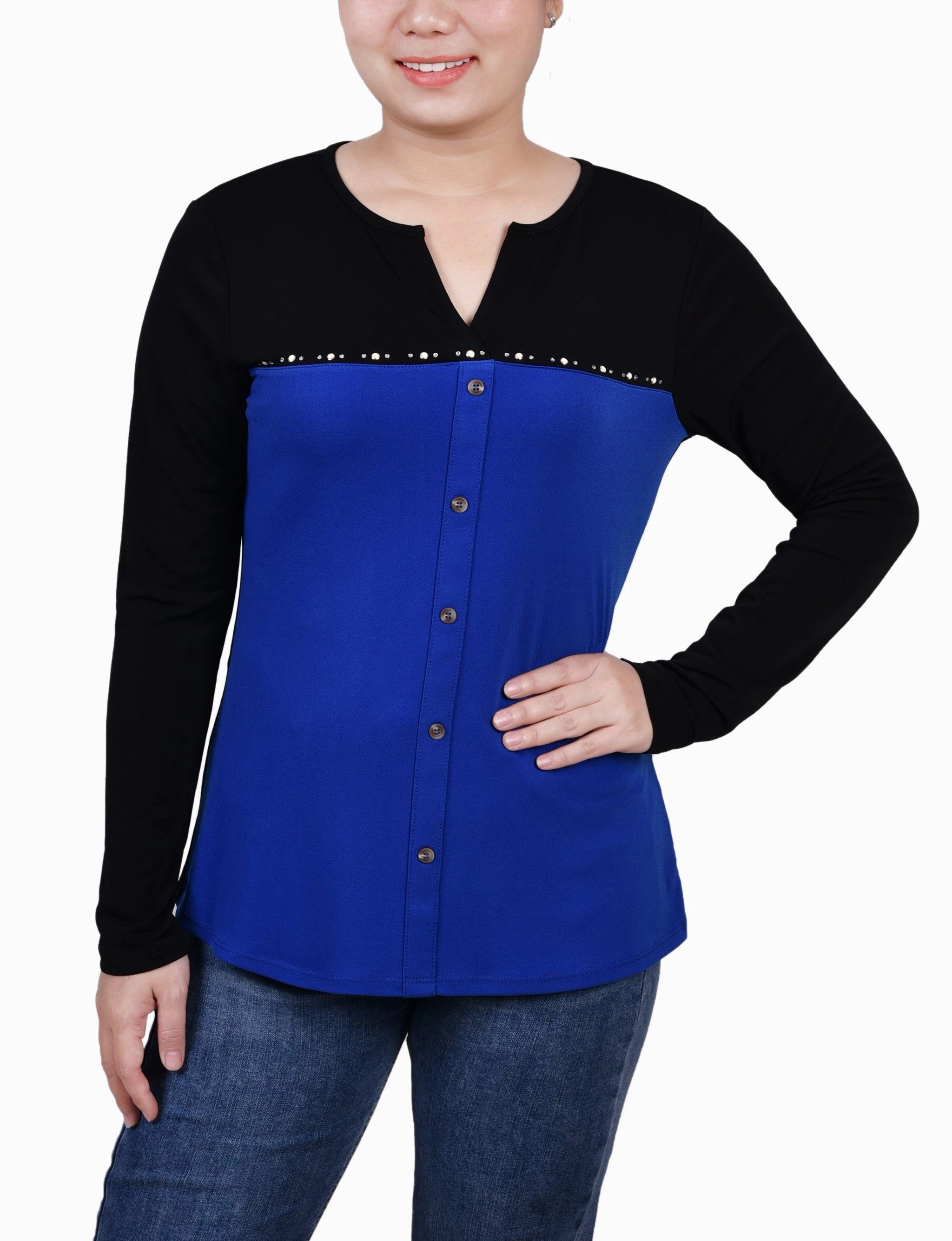 Long Sleeve Studded Colorblocked Split Neck Top Cozy Wear