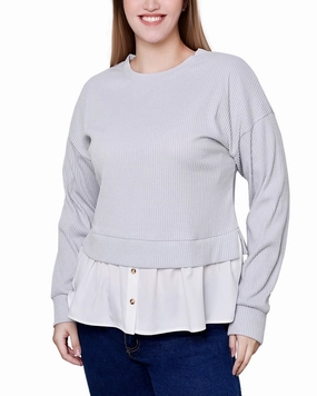 HiddenZipper Long Sleeve Two-Fer Top With Gathered Inset