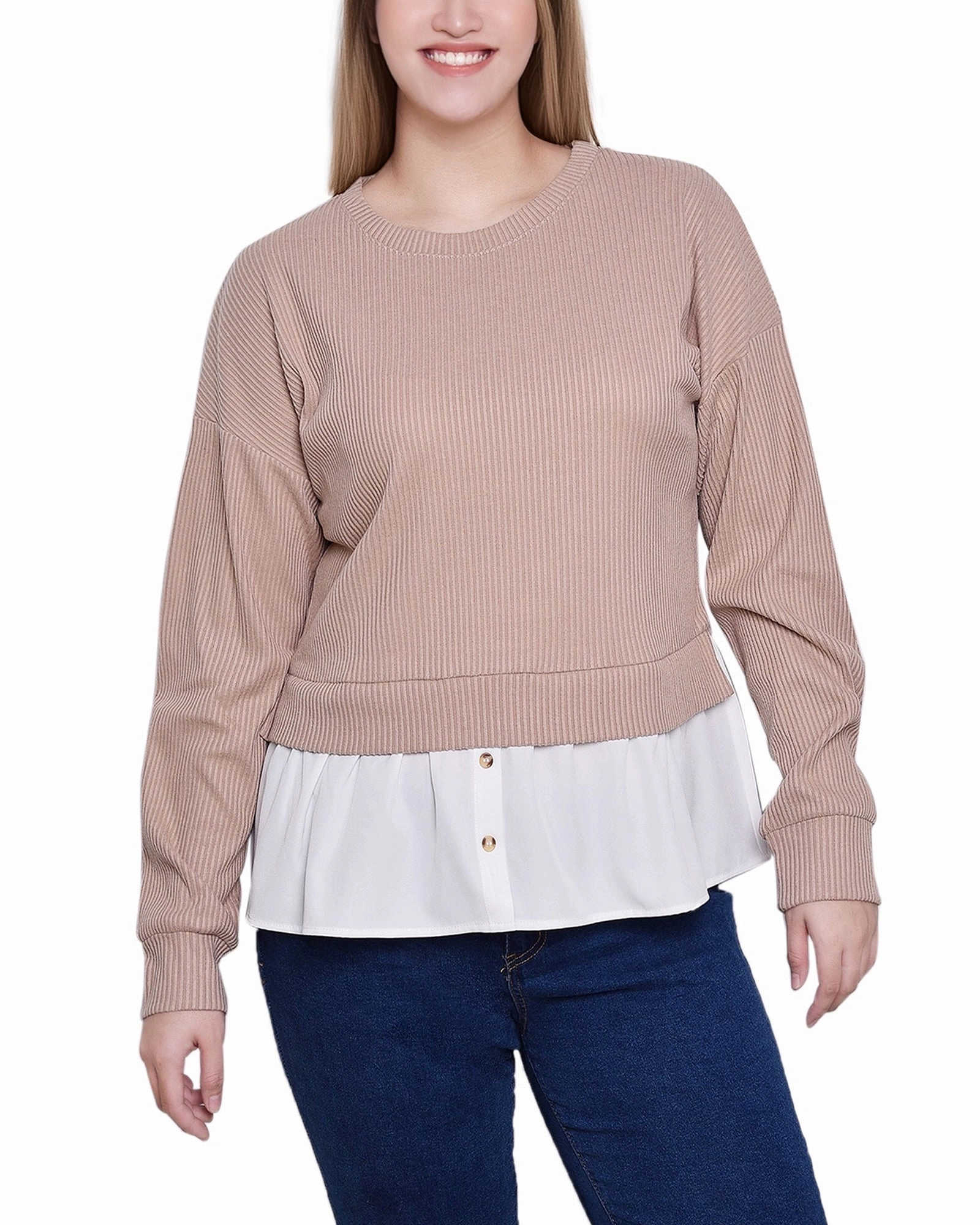 Long Sleeve Two-Fer Top With Gathered Inset Noise Reducing Fabric Treatment WaterResistantCoating
