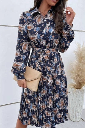 Sculpted Detail LONG SLEEVED PRINTED LAPEL PLEATED DRESS