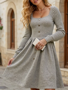 Stain-Guard-Finish Long-sleeved square-neck solid-color dress