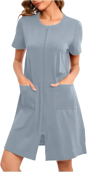 Loose Soft Nightgowns for Women Zip Front Nightshirt Short Sleeve Sleepwear Crewneck Summer Short Sleep Dress with Pockets