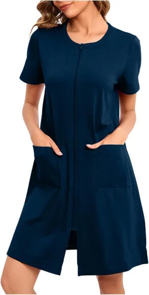 Loose Soft Nightgowns for Women Zip Front Nightshirt Short Sleeve Sleepwear Crewneck Summer Short Sleep Dress with Pockets