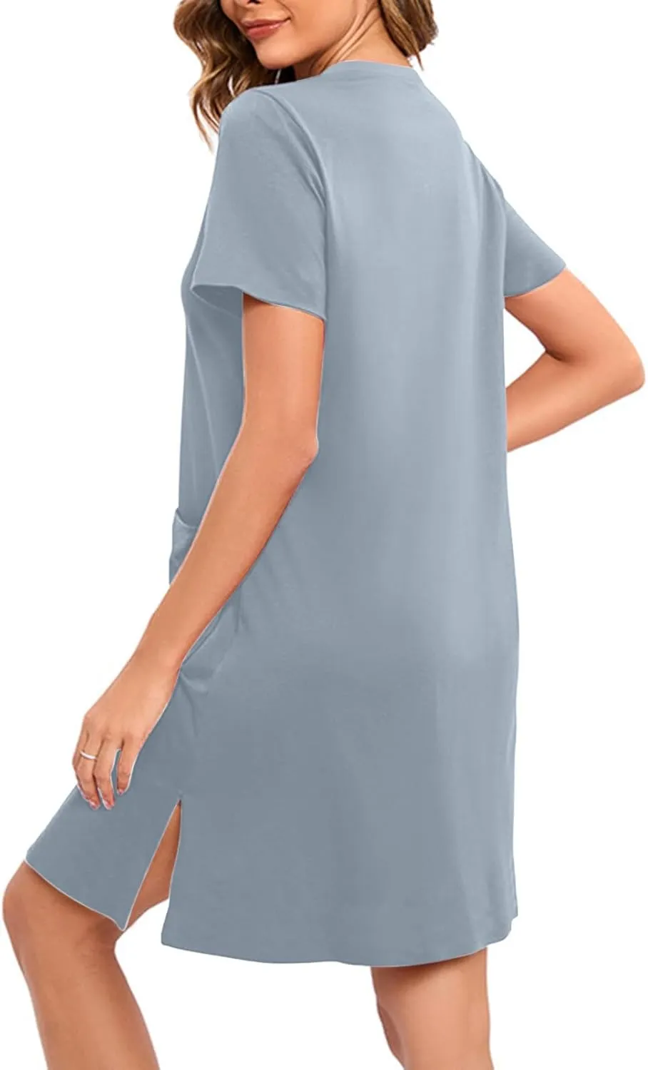 Loose Soft Nightgowns for Women Zip Front Nightshirt Short Sleeve Sleepwear Crewneck Summer Short Sleep Dress with Pockets