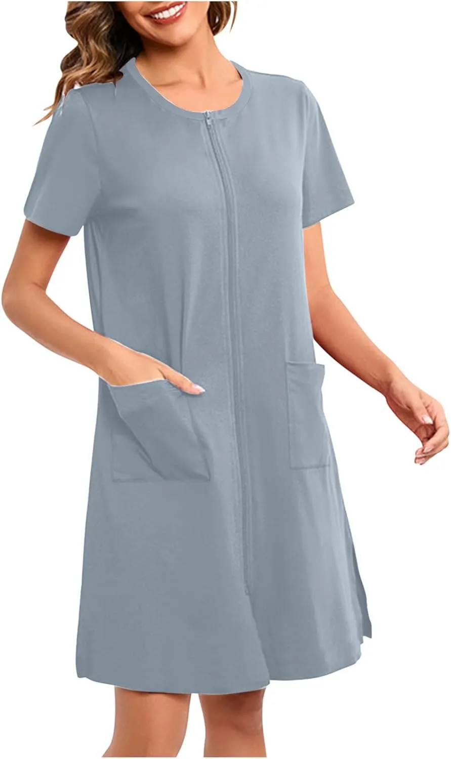 Loose Soft Nightgowns for Women Zip Front Nightshirt Short Sleeve Sleepwear Crewneck Summer Short Sleep Dress with Pockets