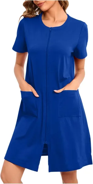Loose Soft Nightgowns for Women Zip Front Nightshirt Short Sleeve Sleepwear Crewneck Summer Short Sleep Dress with Pockets