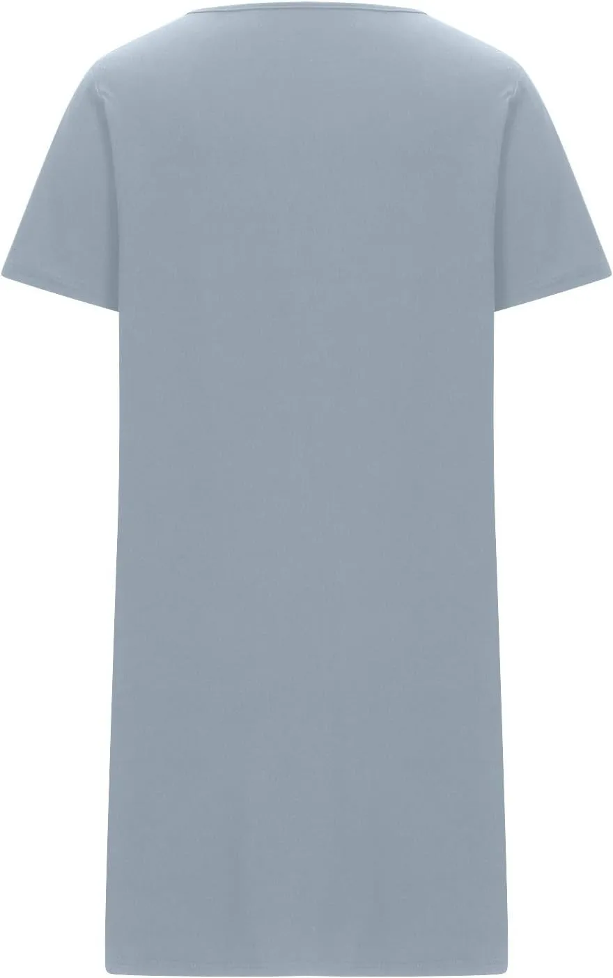 Loose Soft Nightgowns for Women Zip Front Nightshirt Short Sleeve Sleepwear Crewneck Summer Short Sleep Dress with Pockets