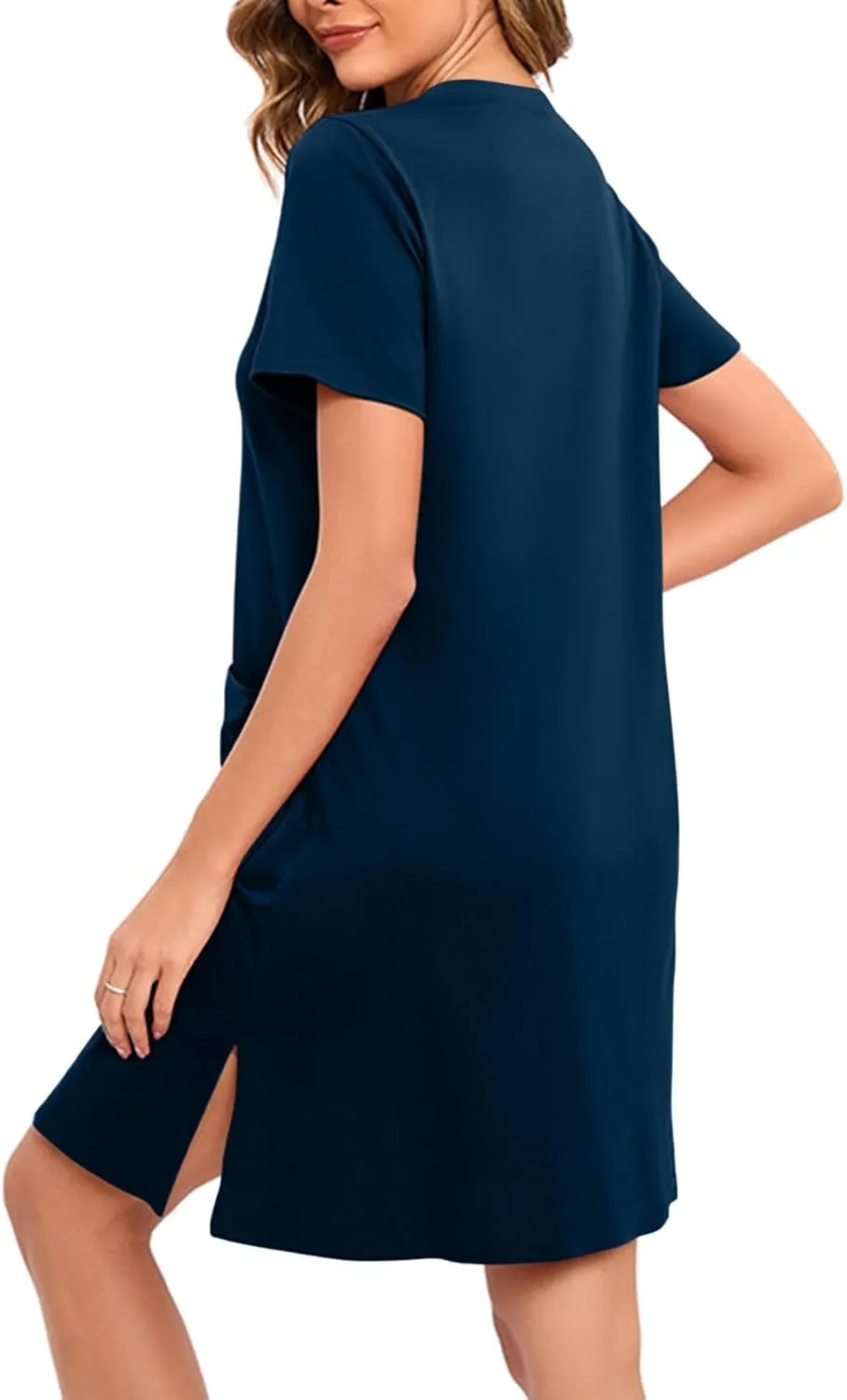 Loose Soft Nightgowns for Women Zip Front Nightshirt Short Sleeve Sleepwear Crewneck Summer Short Sleep Dress with Pockets