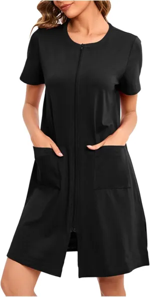 Loose Soft Nightgowns for Women Zip Front Nightshirt Short Sleeve Sleepwear Crewneck Summer Short Sleep Dress with Pockets