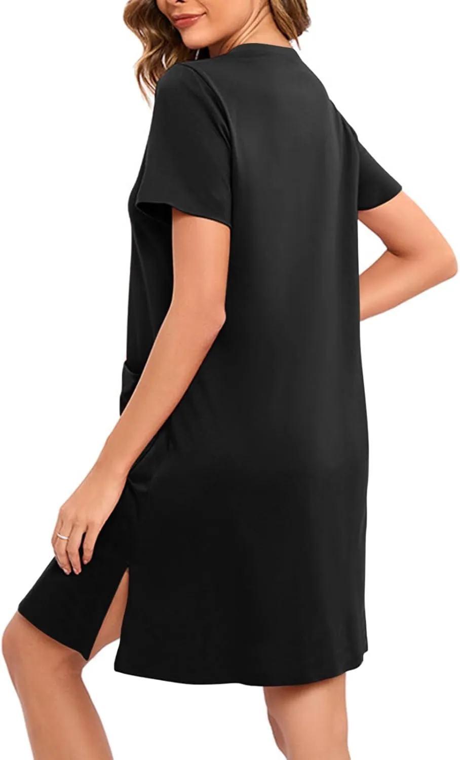Loose Soft Nightgowns for Women Zip Front Nightshirt Short Sleeve Sleepwear Crewneck Summer Short Sleep Dress with Pockets