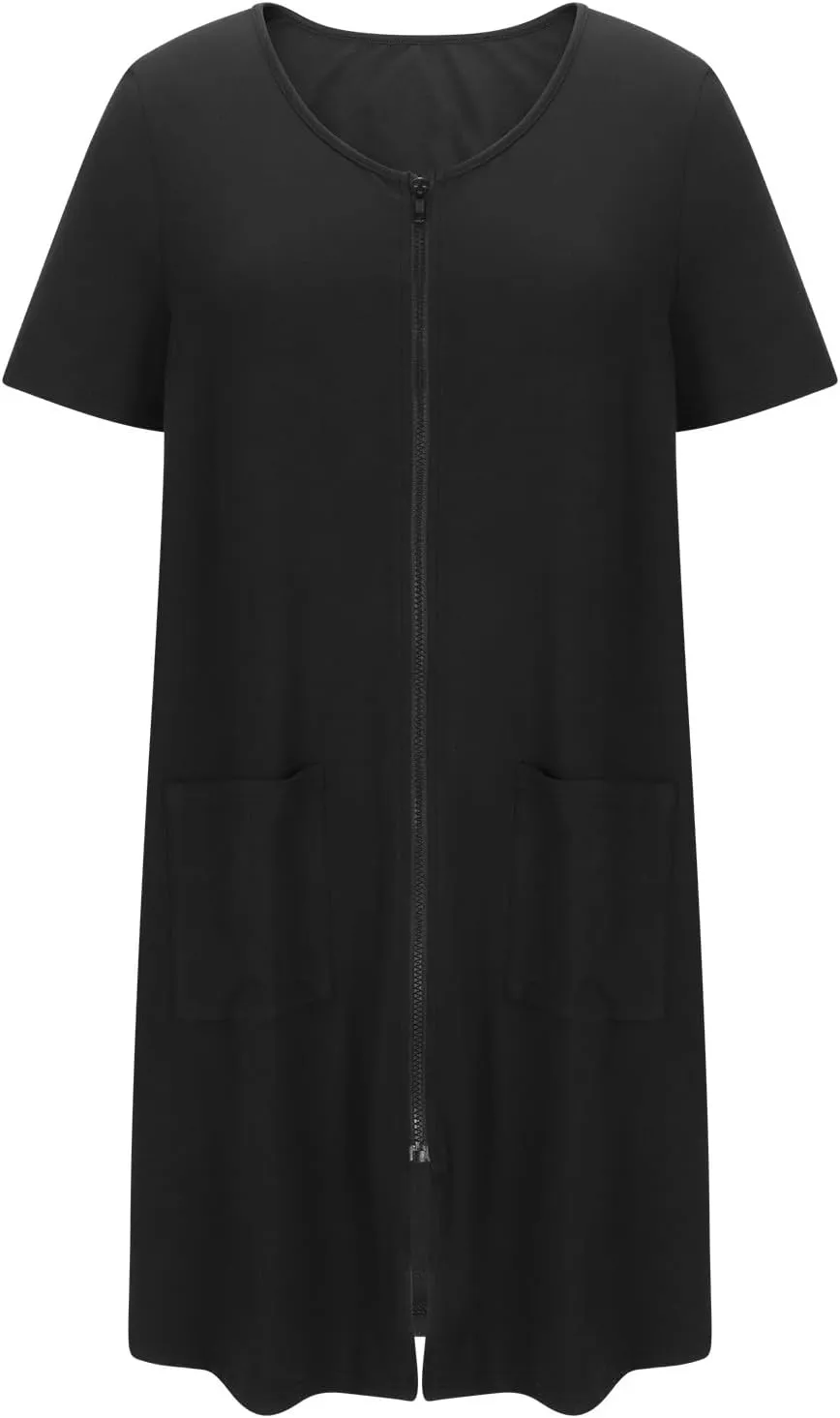 Loose Soft Nightgowns for Women Zip Front Nightshirt Short Sleeve Sleepwear Crewneck Summer Short Sleep Dress with Pockets