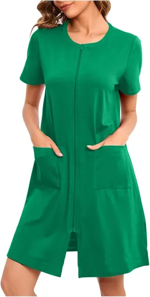 Loose Soft Nightgowns for Women Zip Front Nightshirt Short Sleeve Sleepwear Crewneck Summer Short Sleep Dress with Pockets